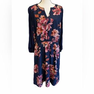 Market & Spruce Womens Dress 1X Blue Pink Floral Roll-Tab Sleeves Lined V-Neck